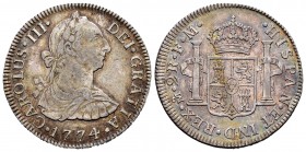 Carlos III (1759-1788). 2 reales. 1774. México. FM. (Cal 2019-660). Ag. 6,69 g. Precioso reverso. Muy escasa así. MBC+/EBC-. Est...250,00. // ENGLISH:...