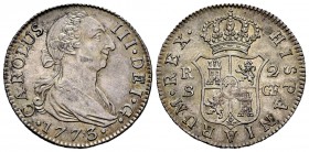 Carlos III (1759-1788). 2 reales. 1773. Sevilla. CF. (Cal 2019-781). Ag. 5,89 g. Preciosa pátina. Muy rara en esta conservación. EBC+. Est...400,00. /...