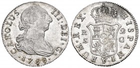 Carlos III (1759-1788). 2 reales. 1788. Sevilla. C. (Cal 2019-790). Ag. 5,92 g. Leve rayita en anverso. Tono. Escasa en esta conservación. EBC-. Est.....