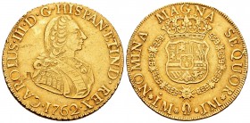 Carlos III (1759-1788). 8 escudos. 1762. Lima. JM. (Cal 2019-1914). (Cal onza-674). Au. 26,93 g. Primer busto. Hoja en anverso y dos golpecitos en el ...