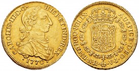Carlos III (1759-1788). 8 escudos. 1770. Santa Fe de Nuevo Reino. VJ. (Cal 2019-2093). (Restrepo-71-20). (Cal onza-861). Au. 27,03 g. Tipo "Cara de Ra...