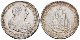 Carlos IV (1788-1808). Medalla de proclamación. 1790. Huancavelica. (H-153). Rev.: ME FERE JAM TOTUM SIC HUANCAVELICA TUAETUR. Ag. 13,18 g. Módulo de ...