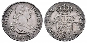Carlos IV (1788-1808). 1/2 real. 1803. Madrid. FA. (Cal 2019-265 mismo ejemplar). Ag. 1,47 g. Atractiva. Rara en esta conservación. SC-. Est...300,00....