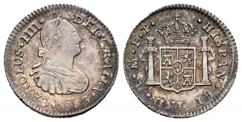 Carlos IV (1788-1808). 1/2 real. 1803. México. FT. (Cal 2019-289). Ag. 1,69 g. B...