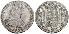 Carlos IV (1788-1808). 8 reales. 1803. Lima. IJ. (Cal 2019-922). Ag. 27,12 g. Restos de brillo original. Escasa. EBC-. Est...300,00. // ENGLISH: Charl...
