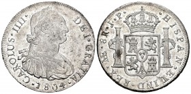 Carlos IV (1788-1808). 8 reales. 1804. Lima. JP. (Cal 2019-924). Ag. 26,81 g. Brillo original. Escasa en esta conservación. EBC+. Est...350,00. // ENG...