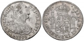Carlos IV (1788-1808). 8 reales. 1802. México. FT. (Cal 2019-975). Ag. 27,00 g. EBC-/EBC. Est...150,00. // ENGLISH: Charles IV (1788-1808). 8 reales. ...