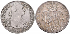 Carlos IV (1788-1808). 8 reales. 1802. Sevilla. CN. (Cal 2019-1064). Ag. 26,74 g. Fallo en el canto. Escasa. MBC+. Est...250,00. // ENGLISH: Charles I...