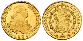 Carlos IV (1788-1808). 2 escudos. 1801. Madrid. FA/MF. (Cal 2019-1302). Au. 6,74 g.  Brillo original. EBC. Est...400,00. // ENGLISH: Charles IV (1788-...