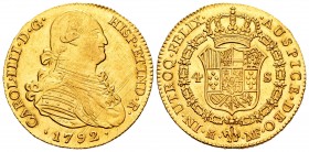 Carlos IV (1788-1808). 4 escudos. 1792. Madrid. MF. (Cal 2019-1475). Au. 13,52 g. Levísimas rayitas de ajuste en anverso. Brillo original. EBC+. Est.....