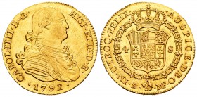 Carlos IV (1788-1808). 4 escudos. 1792. Madrid. MF. (Cal 2019-1475). Au. 13,52 g. Levísimas rayitas de ajuste en anverso. Brillo original. EBC+. Est.....