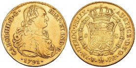 Carlos IV (1788-1808). 8 escudos. 1791. Potosí. PR. (Cal 2019-1694). (Cal onza-1084). Au. 26,82 g. Busto laureado. Rara. MBC/MBC+. Est...1800,00. // E...