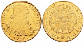 Carlos IV (1788-1808). 8 escudos. 1798. Potosí. PP. (Cal 2019-1704). Au. 26,96 g. Roce y rayas en anverso. Restos de brillo original. MBC+. Est...1300...