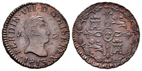 Fernando VII (1808-1833). 2 maravedís. 1813. Jubia. (Cal 2008-1579). Ae. 2,61 g. Leves impurezas en anverso. Muy rara en esta conservación. EBC+. Est....