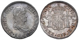 Fernando VII (1808-1833). 2 reales. 1819. Guatemala. M. (Cal 2019-802). Ag. 6,76 g. Preciosa pátina y brillo original. Bellísima. Muy rara en esta con...