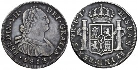 Fernando VII (1808-1833). 4 reales. 1813. Santiago. FJ (J invertida). (Cal 2019-1122). Ag. 13,69 g. Busto de Carlos IV. La J del ensayador invertida. ...