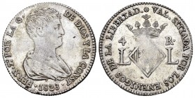 Fernando VII (1808-1833). 4 reales. 1823. Valencia. (Cal 2019-993). Ag. 5,77 g. MBC+. Est...90,00. // ENGLISH: Ferdinand VII (1808-1833). 4 reales. 18...