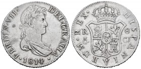 Fernando VII (1808-1833). 8 reales. 1814. Cádiz. CJ. (Cal 2019-1154). Ag. 26,90 g. Leves rayitas en el campo del anverso. Escasa. MBC/MBC-. Est...260,...
