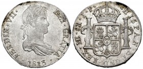 Fernando VII (1808-1833). 8 reales. 1813. Lima. JP. (Cal 2019-1246). Ag. 26,30 g. Leves rayitas en anverso. Restos de brillo original. EBC-/EBC. Est.....