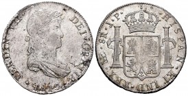 Fernando VII (1808-1833). 8 reales. 1815. Lima. JP. (Cal 2019-1248). Ag. 26,98 g. Atractiva. Brillo original. Rara en esta conservación. EBC+. Est...3...