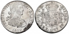 Fernando VII (1808-1833). 8 reales. 1809. México. TH. (Cal 2019-1310). Ag. 26,98 g. Busto imaginario. Leves concreciones. Brillo original. EBC. Est......
