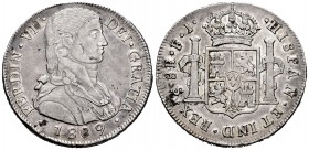 Fernando VII (1808-1833). 8 reales. 1808. Santiago. FJ. (Cal 2019-1400). Ag. 26,99 g. Busto almirante. Casaca sin botones. Hojita en anverso y reverso...