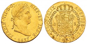 Fernando VII (1808-1833). 2 escudos. 1827. Sevilla. JB. (Cal 2019-1685). Au. 6,78 g. Golpecito en el canto y hojita en reverso. EBC. Est...375,00. // ...