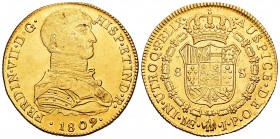 Fernando VII (1808-1833). 8 escudos. 1809. Lima. JP. (Cal 2008-13). (Cal 2019-1754). (Cal onza-1211). Au. 26,99 g. Busto indígena. Gran parte de brill...