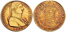 Fernando VII (1808-1833). 8 escudos. 1808. Santiago. FJ. (Cal 2008-112). (Cal 2019-1860). (Cal onza-1341). Au. 27,01 g. Busto almirante. Hojita al fin...