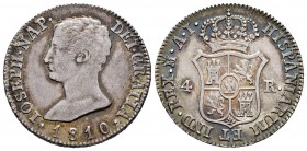 José Napoleón (1808-1814). 4 reales. 1810. Madrid. AI. (Cal 2019-14). Ag. 5,88 g. Bella pátina, azulada en reverso. EBC. Est...150,00. // ENGLISH: Jos...