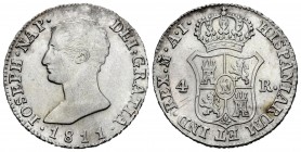 José Napoleón (1808-1814). 4 reales. 1811. Madrid. AI. (Cal 2019-15). Ag. 5,83 g. Rayita en reverso. EBC/EBC-. Est...120,00. // ENGLISH: Joseph Napole...