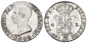 José Napoleón (1808-1814). 4 reales. 1812. Madrid. AI. (Cal 2019-18). Ag. 6,04 g. Rara en esta conservación. EBC+/SC-. Est...300,00. // ENGLISH: Josep...