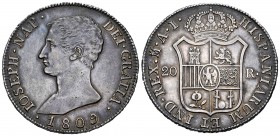 José Napoleón (1808-1814). 20 reales. 1809. Madrid. AI. (Cal 2019-36). Ag. 26,63 g. Águila grande. Bonita pátina de monetario. EBC. Est...500,00. // E...