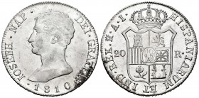 José Napoleón (1808-1814). 20 reales. 1810. Madrid. AI. (Cal 2019-37). Ag. 26,72 g. Águila grande. Brillo original. SC-/SC. Est...600,00. // ENGLISH: ...
