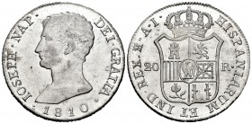 José Napoleón (1808-1814). 20 reales. 1810. Madrid. AI. (Cal 2008-25). (Cal-37). Ag. 26,65 g. Águila grande. Bella. Pleno brillo original. SC-. Est......
