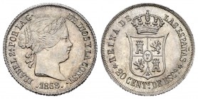 Isabel II (1833-1868). 20 céntimos de escudo. 1868*6-8. Madrid. (Cal 2008-394). Ag. 2,56 g. Brillo original. SC-. Est...120,00. // ENGLISH: Elizabeth ...