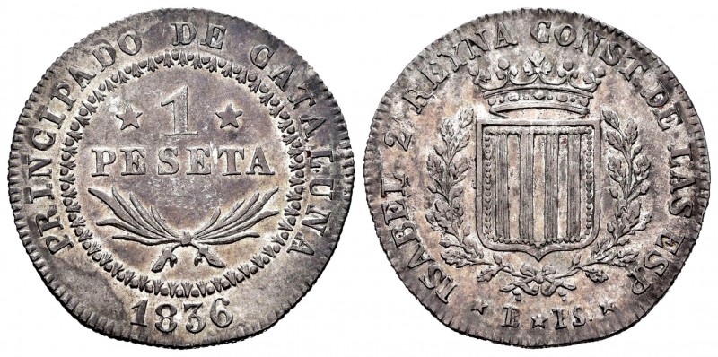 Isabel II (1833-1868). 1 peseta. 1836. Barcelona. PS. (Cal 2008-257). Ag. 5,80 g...
