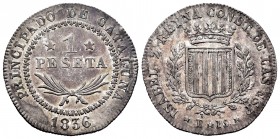 Isabel II (1833-1868). 1 peseta. 1836. Barcelona. PS. (Cal 2008-257). Ag. 5,80 g. Sin punto entre P y S. Canto estriado. Tono. Restos de brillo origin...