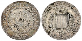 Isabel II (1833-1868). 1 peseta. 1837. Barcelona. PS. (Cal 2019-272). Ag. 5,74 g. Golpecito en el canto. MBC+. Est...110,00. // ENGLISH: Elizabeth II ...