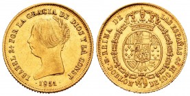 Isabel II (1833-1868). Doblón de 100 reales. 1851. Madrid. CL. (Cal 2008-4). (Cal 2019-758). Au. 8,11 g. Rara. EBC-/EBC. Est...600,00. // ENGLISH: Eli...