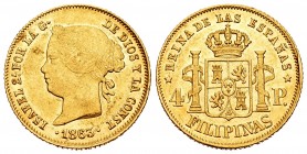 Isabel II (1833-1868). 4 pesos. 1863. Manila. (Cal 2019-856). Au. 6,73 g. EBC-. Est...350,00. // ENGLISH: Elizabeth II (1833-1868). 4 pesos. 1863. Man...