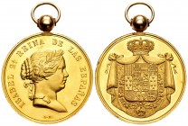 Isabel II (1833-1868). Medalla de presentación en oro. (circa 1850). Anv.: ISABEL 2ª REINA DE LAS ESPAÑAS. Busto laureado a derecha. Rev.: Escudo de a...