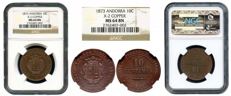 I República. 10 céntimos. 1873. Andorra. (Cal 2019-2). Ae. Precioso ejemplar. En...