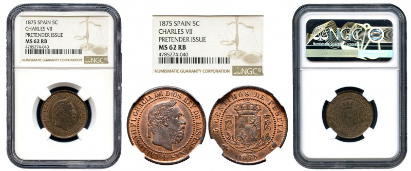Carlos VII (1872-1876). 5 céntimos. 1875. Ae. Precioso color. Encapsulada por NG...