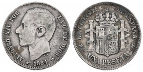 Alfonso XII (1874-1885). 1 peseta. 1884/3*_ _*84. Madrid. MSM. (Cal 2019-22). Ag. 4,79 g. Muy rara. BC+. Est...400,00. // ENGLISH: Alfonso XII (1874-1...