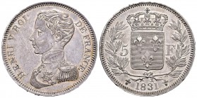 Francia. Henriy V. 5 francos. 1831. (Km-35). (Gad-651). Ag. 24,65 g. Mínimos golpecitos en el canto. Rara. Cuando Henri nació siete meses después del ...