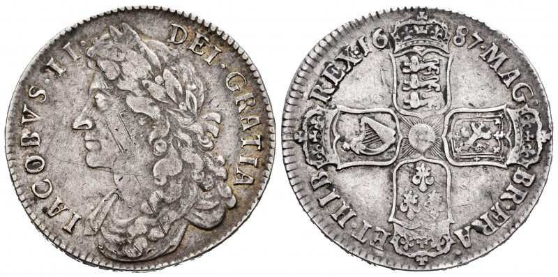 Gran Bretaña. James II. 1/2 corona. 1687. (Km-452). (S-3408). Ag. 14,73 g. Leves...