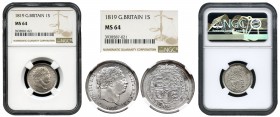 Gran Bretaña. George III. 1 shilling. 1819. (Km-666). (S-3790). Ag. Bellísima. Encapsulada por NGC como MS64. Est...400,00. // ENGLISH: United Kingdom...