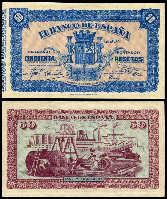 50 pesetas. 1937. Gijón. (Ed 2017-NE 33a). Septiembre, escudo de España, Asturia...