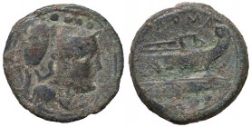 ROMANE REPUBBLICANE - ANONIME - Monete post-semilibrali (215-211 a.C.) - Triente - Testa di Minerva a d.; sopra, quattro globetti /R Prua di nave a d....